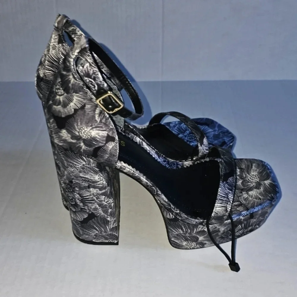 Black & White Floral Platform Heeled Sandals